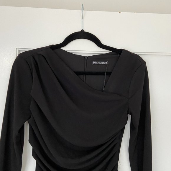 Zara Draped Wrap Mini-Dress Small Black V-neck Cinched Long Sleeves - Picture 4 of 10